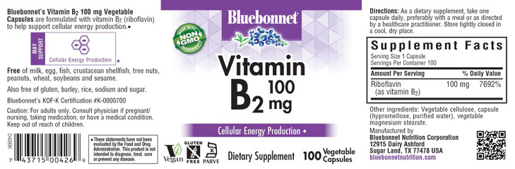 Bluebonnet Nutrition Vitamin B2 100 mg, For Cardiovascular and Nervous System