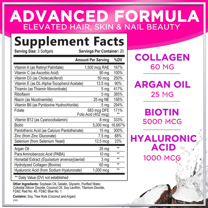 Hair Vitamins for Women for Hair Growth - Argan-Infused Supplement with Collagen, Biotin and Hyaluronic Acid - Supports Faster Hair Growth, Skin & Na