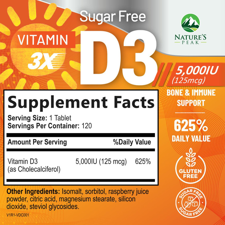 Vitamin D3 5000iu (125 mcg) - 3X Strength Immune Health Support Vitamin D Dietary Supplement for Bone, Teeth, Muscle - Nature's VIT D, Vegan, Gluten