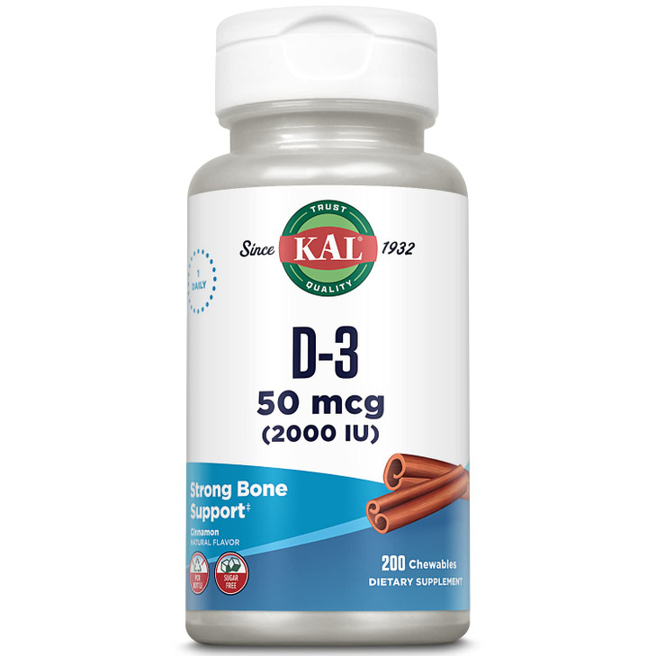 KAL Vitamin D3 Chewables 50 mcg, Vitamin D 2000 IU as Cholecalciferol, Sugar