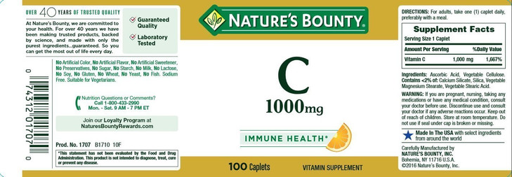 Nature's Bounty Vitamin C, 1000mg, Supports Immune Health, 100 Caplets (Pack