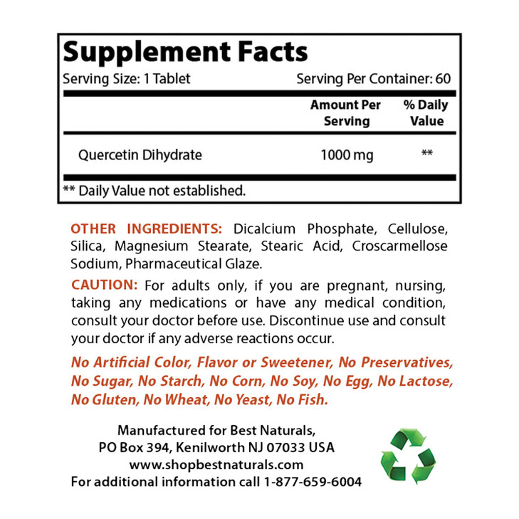Best Naturals Quercetin 1000 mg Tablet - Immune Health - 60 Count