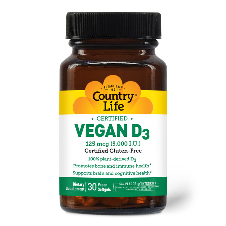 Country Life Vegan D3 5000 IU - Plant-Derived Vitamin D3 from Lichen