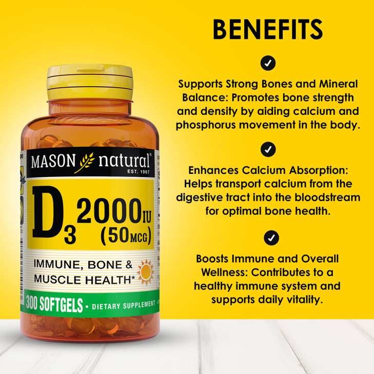 MASON NATURAL Vitamin D3 2,000 IU Ultra Strength, Supports Bone Density