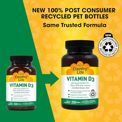 Country Life Vitamin D3 5000 IU for Immune and Bone Health, Calcium Absorption