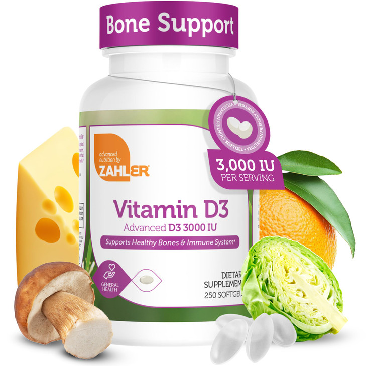Zahler Vitamin D3 3000IU, Vitamin D3 Supplement 3,000 IU, Certified Kosher (250