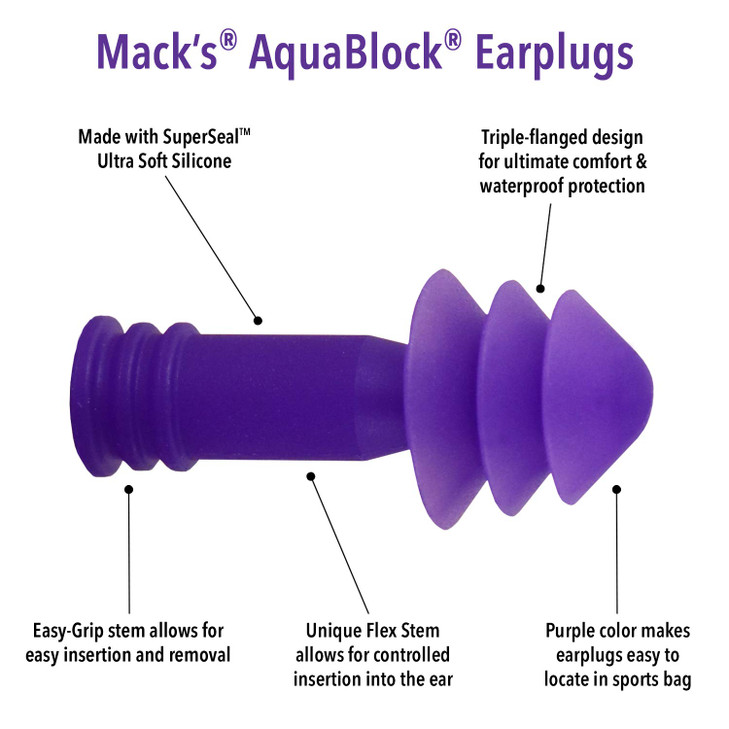 Mack's AquaBlock Swimming Earplugs, 2 Pair - Comfortable, Waterproof, Reusable Silicone Ear Plugs for Swimming, Snorkeling, Showering, Surfing and Ba