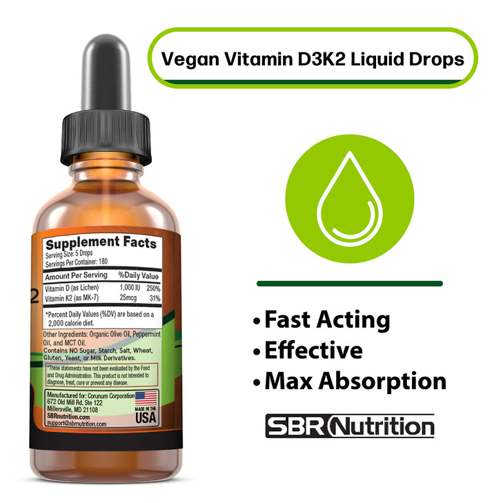 Vegan Vitamin D3 + K2 (MK-7) Liquid Drops with MCT Oil, Peppermint Flavor, Helps