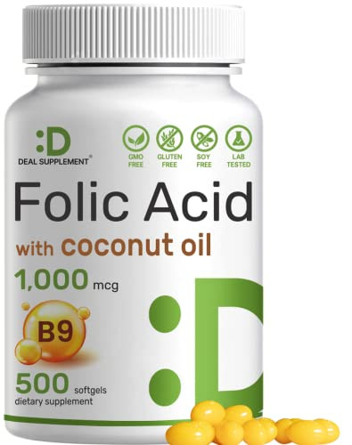 DEAL SUPPLEMENT Folic Acid 1000 mcg (1 mg), 500 Coconut Oil Softgels