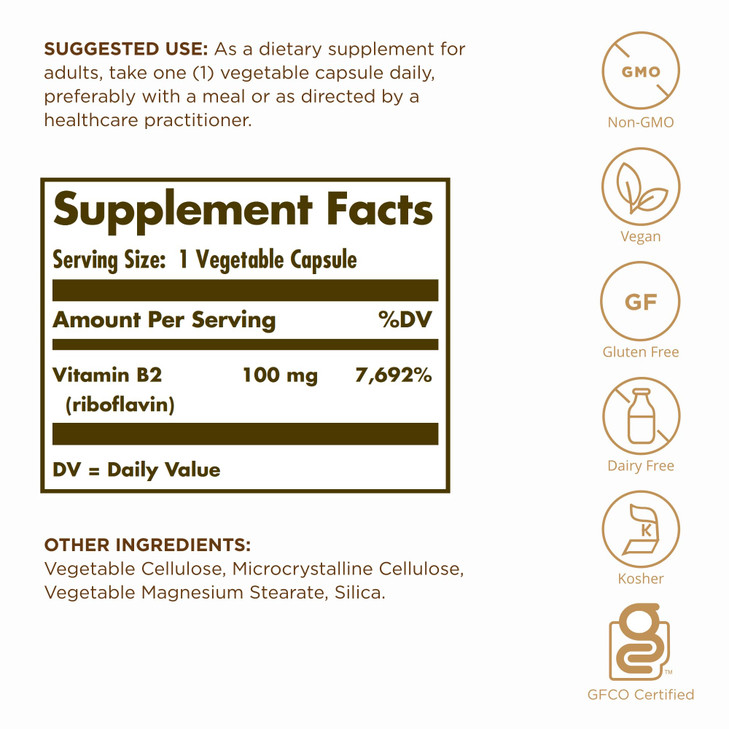 Solgar Vitamin B2 (Riboflavin) 100mg - 100 Vegetable Capsules