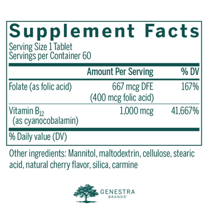Genestra Brands Bio B12 + Folic Acid | Vitamin Supplement | 60 Chewable Tablets