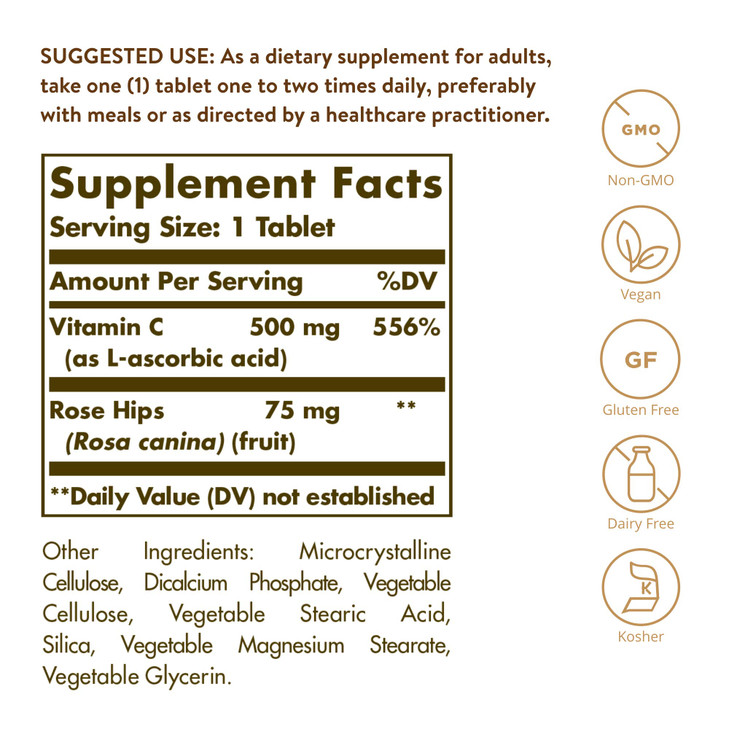 Solgar Vitamin C 500 mg with Rose HIPS, 250 Tablets