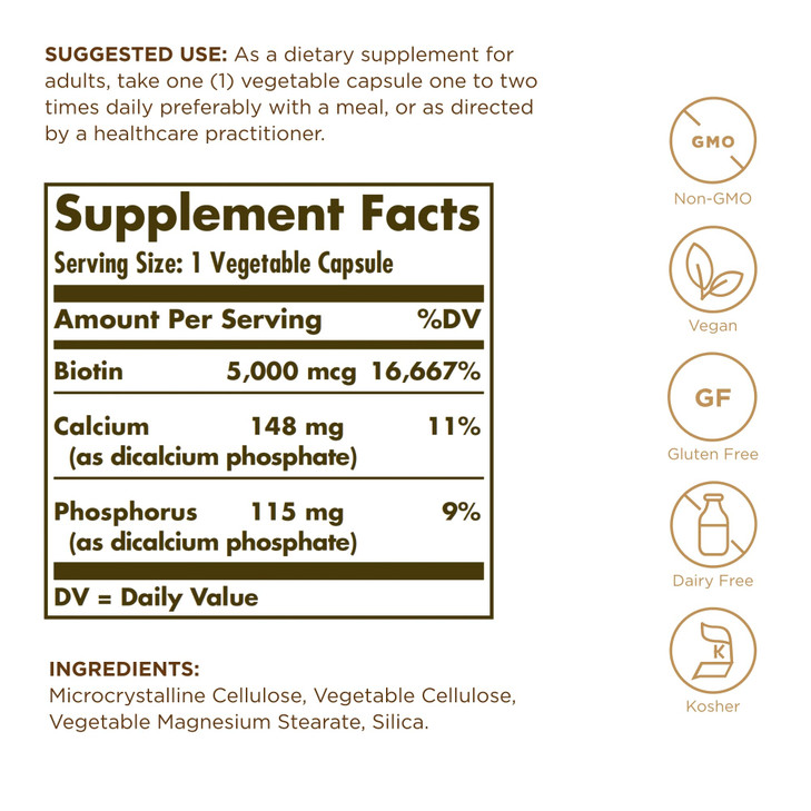 Solgar Biotin 5000 mcg - 50 Vegetable Capsules, Pack of 2