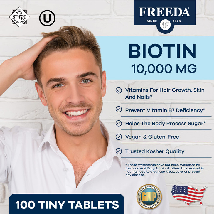 FREEDA Biotin 10,000 mcg - Kosher Hair, Skin & Nails Supplement