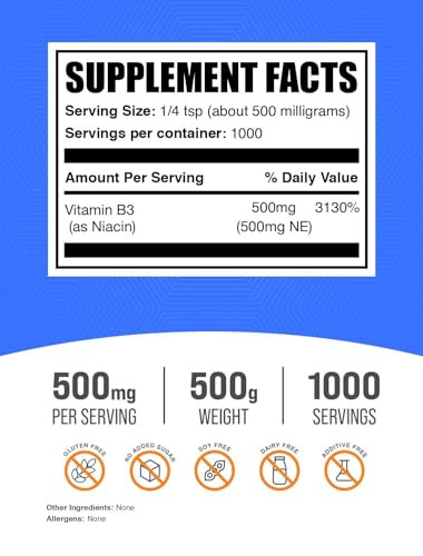 BulkSupplements.com Niacin Powder - Vitamin B3 Supplement, Niacin 500mg