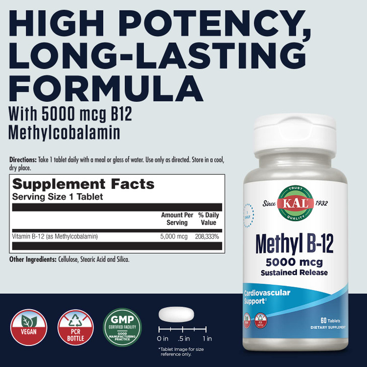 KAL Vitamin B12 Methylcobalamin 5000mcg, Healthy Energy, Metabolism, Nerve & Red
