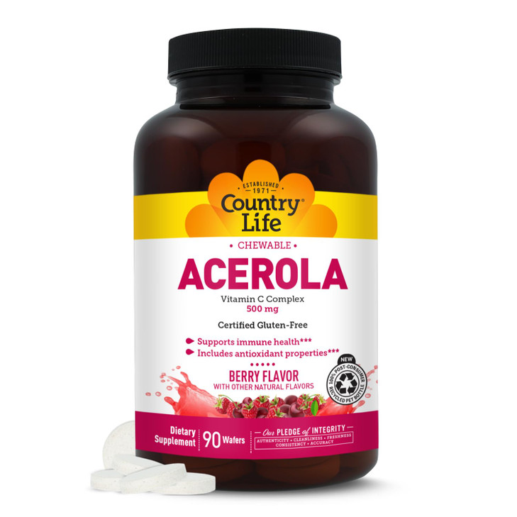 Country Life Acerola Vitamin C Complex, 500mg, Chewable Berry Flavored Wafers
