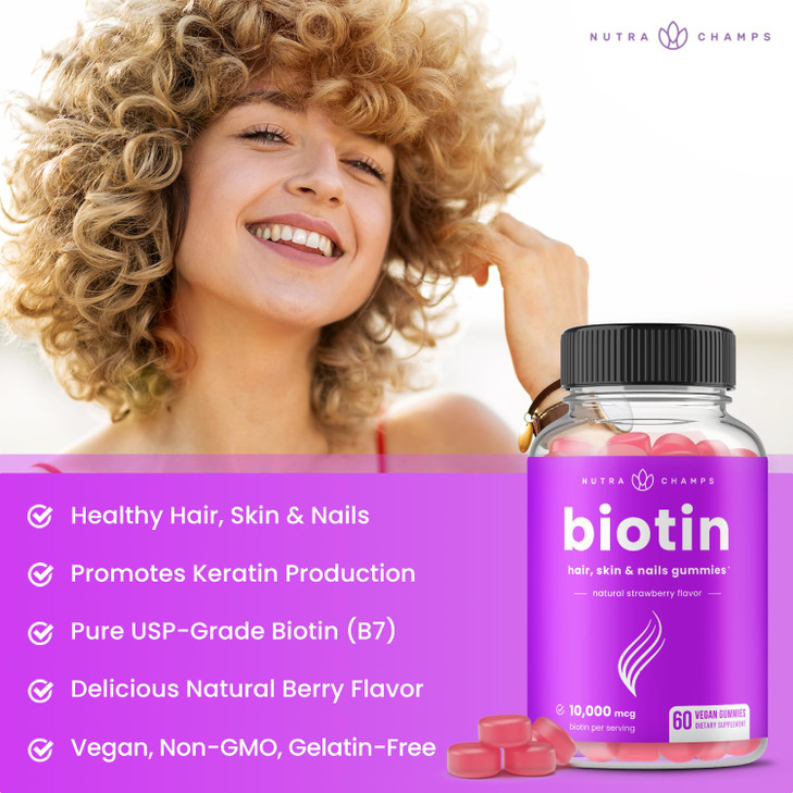 NutraChamps (2 Pack) Biotin Gummies 10,000mcg [High Potency] for Healthy Hair