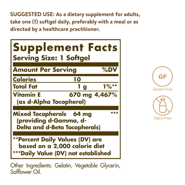 Solgar Vitamin E 670 mg (1000 IU), 100 Mixed Softgels