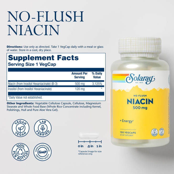SOLARAY No Flush Niacin 500mg, Flush-Free Vitamin B3 Niacin, Energy