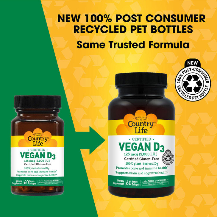 Country Life Vegan D3 5000 IU - Plant-Derived Vitamin D3 from Lichen