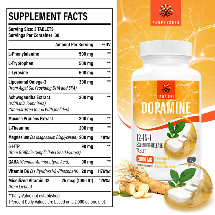 Kroppssund Natural Dopamine Supplement - 90 Tablets (1 Bottle)
