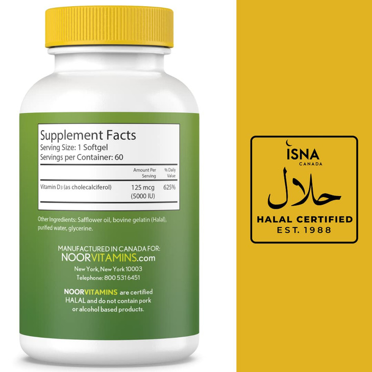 Noor Vitamins Halal Vitamin D, Halal Vitamin D3, 5000 IU Softgels, Supports