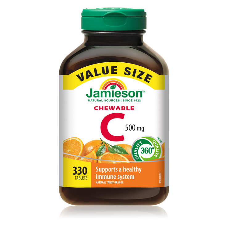 Jamieson Chewable Vitamin-C 500mg Value Supplement Pack(330 Count), Tangy