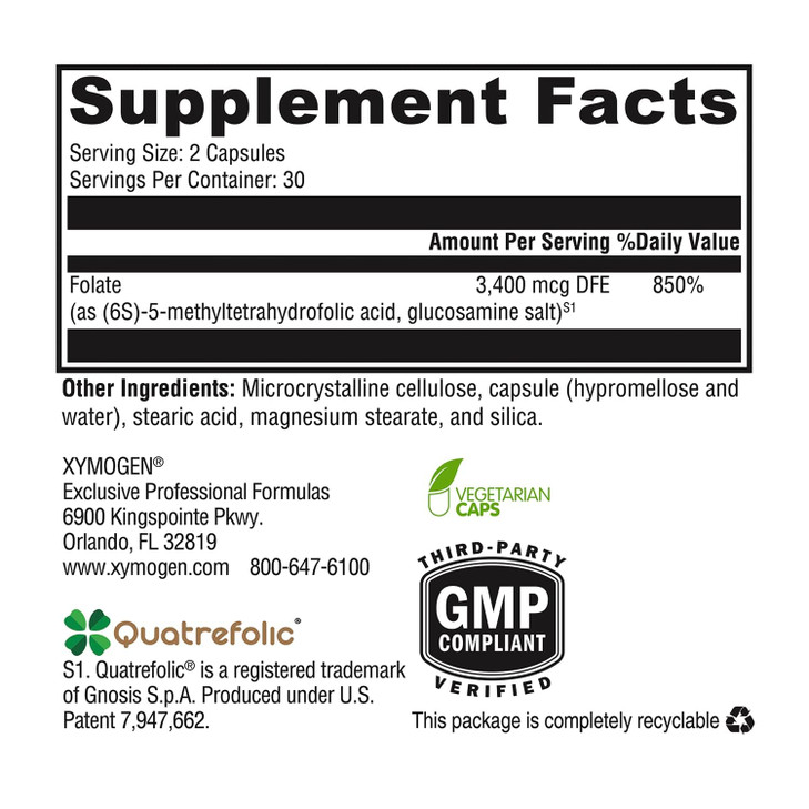 XYMOGEN 5 MTHF - 3,400 mcg DFE Bioactive Folate Supplement as Quatrefolic