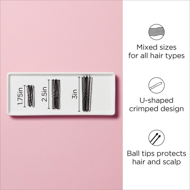Diane Hair Pins for Women Bulk Pack of 100 Assorted Sizes Jumbo 3, Large 2.5, Medium / Small 1.75 - Black, Crimped Design with Ball Tips, D475-100 Co