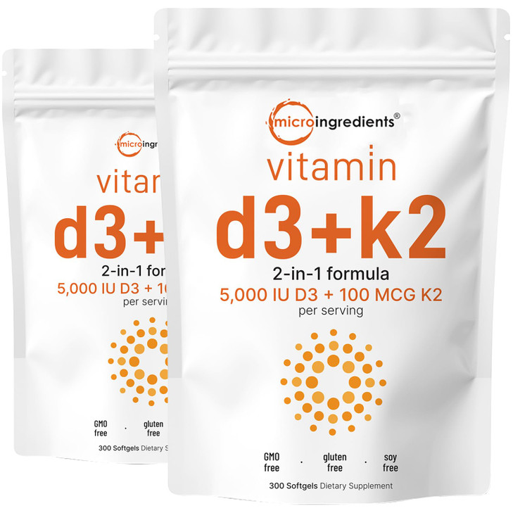 Micro Ingredients Vitamin D3 5,000 IU + K2 MK-7 100 mcg, 2 Pack (600 Softgels)