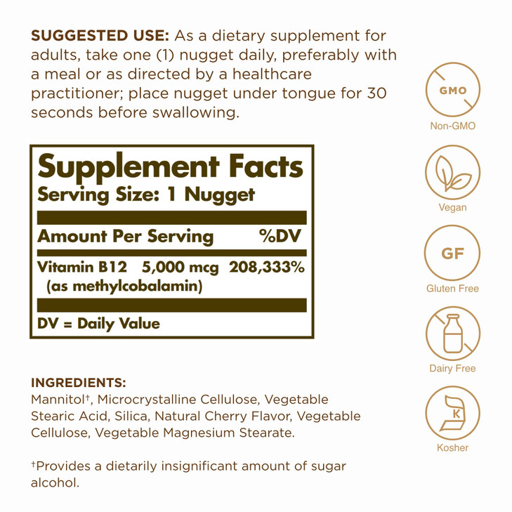 Solgar Methylcobalamin (Vitamin B12) 5000 mcg, 60 Nuggets (Pack of 3)