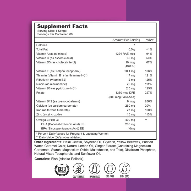 Zaytun Vitamins Halal Prenatal Vitamins + DHA, Folic Acid Iron, Ginger