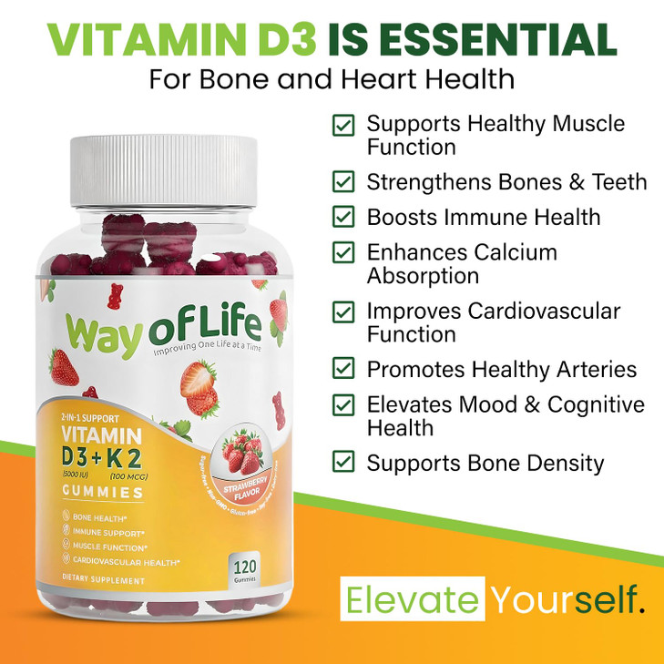 Vitamin D3 5000 IU (125 mcg) + K2 (MK-7) 100 mcg Sugar-Free Gummies, Strawberry
