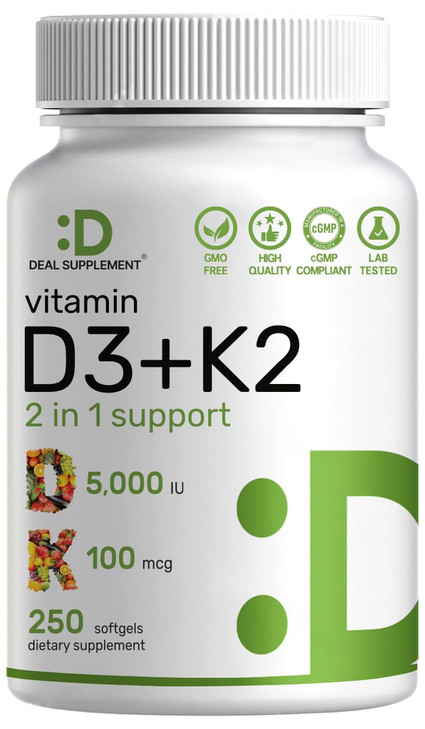 DEAL SUPPLEMENT Vitamin D3 5,000 IU + K2 MK7 Softgels, 250 Count