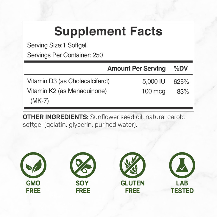 DEAL SUPPLEMENT Vitamin D3 5,000 IU + K2 MK7 Softgels, 250 Count