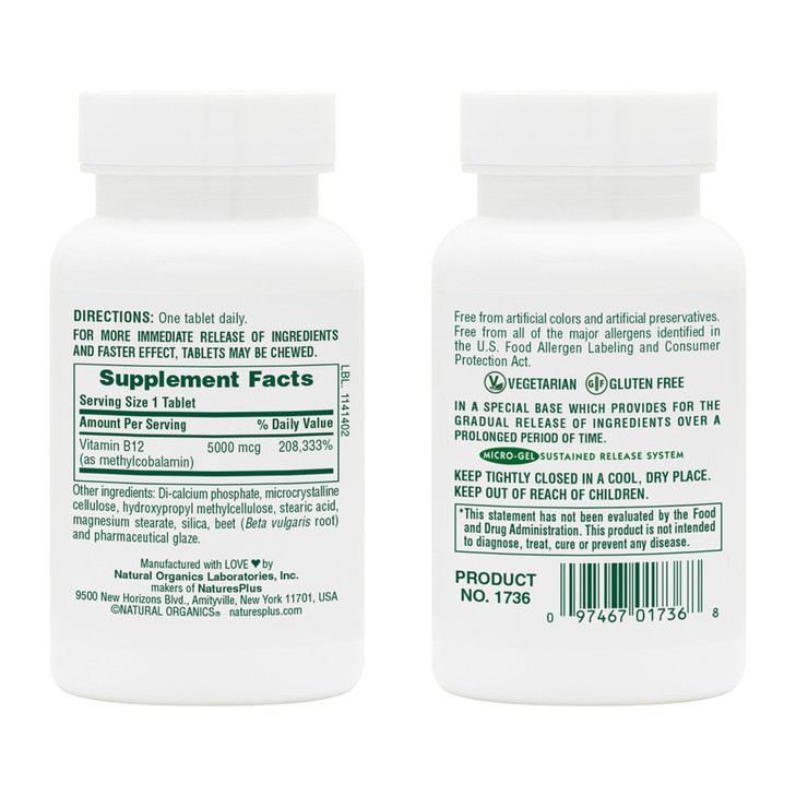 NaturesPlus Shot-O-B12 5000 mcg - 60 Sustained Release Tablets, Pack of 2
