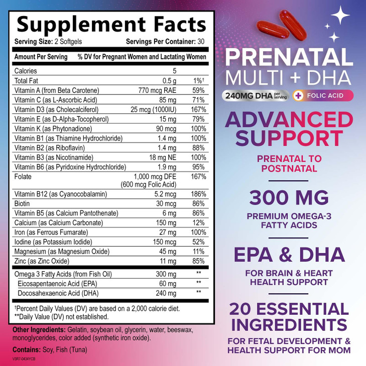 Prenatal Vitamins for Women with Folic Acid + Omega 3 DHA for Fetal Brain