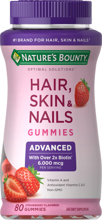 Nature's Bounty Optimal Solutions Advanced Hair, Skin, Nails, 2X Biotin, 80 Strawberry Gummies, 40 Total Servings
