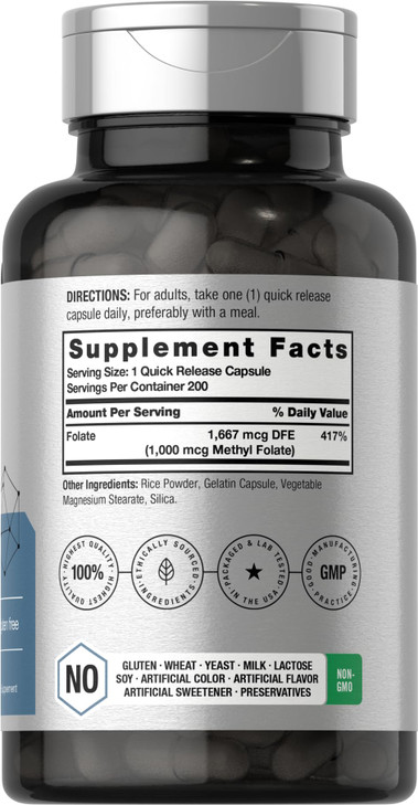 Horbäach Methyl Folate Supplement - 1000 mcg - 200 Capsules