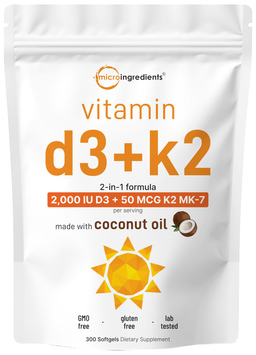 Micro Ingredients Vitamin D3 2,000 IU + K2 MK-7 50 mcg, 300 Softgels