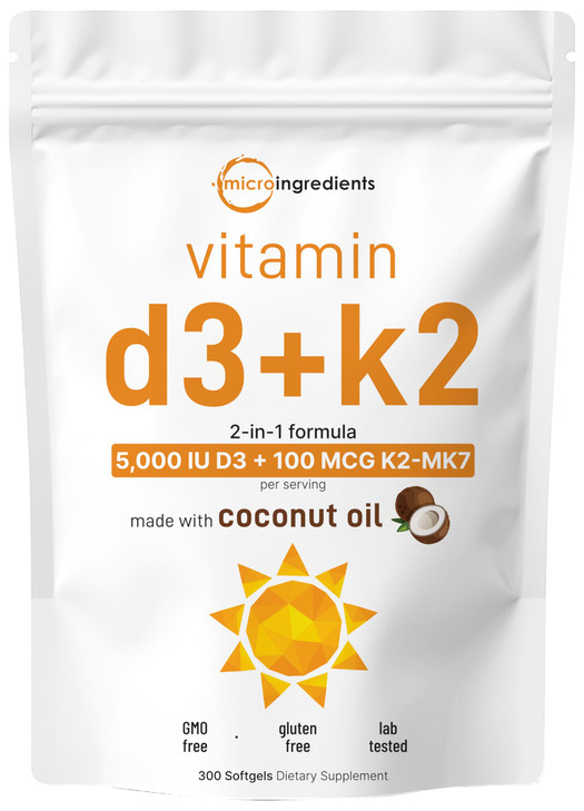 Micro Ingredients Vitamin D3 5,000 IU + K2 MK-7 100 mcg, 300 Softgels