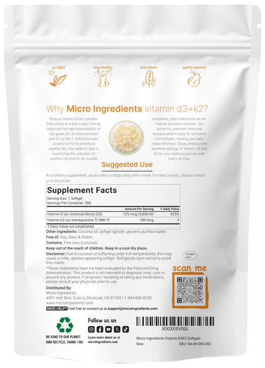 Micro Ingredients Vitamin D3 5,000 IU + K2 MK-7 100 mcg, 300 Softgels