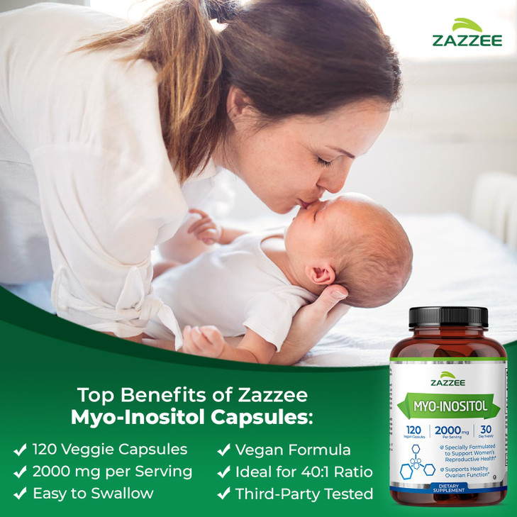 Zazzee Myo-Inositol Capsules, 2000 mg per Serving, 120 Vegan Capsules, Ideal