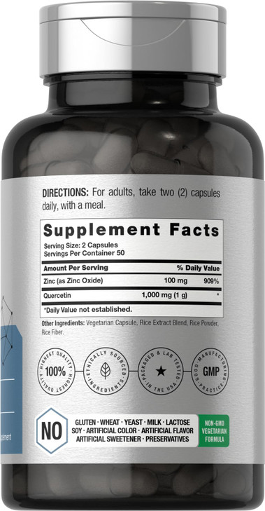 Horbäach Quercetin - 1000mg Capsules - with 100mg Zinc - 100 Count