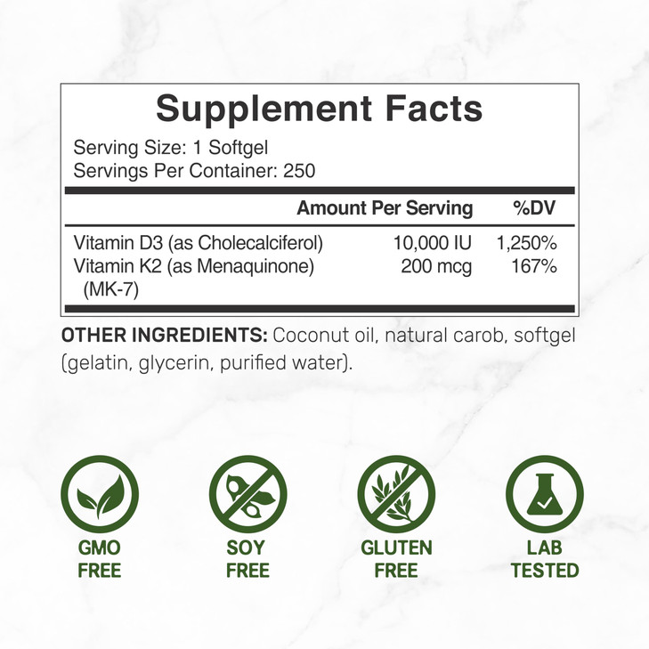 DEAL SUPPLEMENT Vitamin D3 10,000 IU + K2 MK7 200mcg Softgels, 250 Count