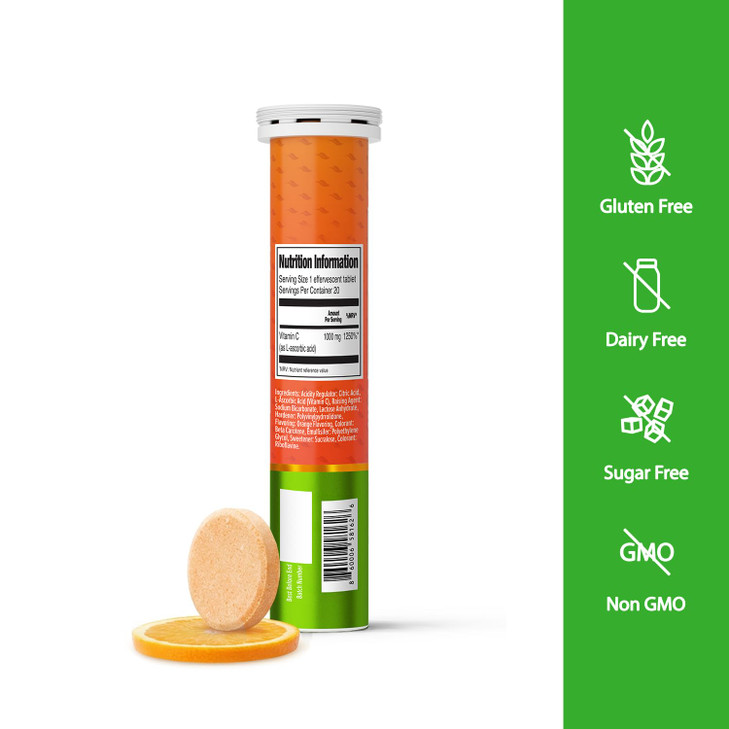 ORZAX Vitamin C 1000 mg Effervescent Tablets - Sugar Free, Gluten Free, GMO Free