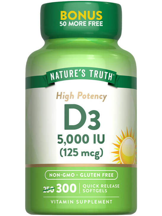 Nature's Truth Vitamin D 5000 250 + 50 Softgels, 300 Count