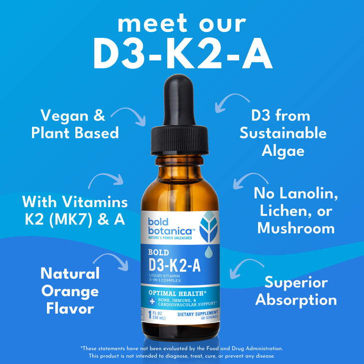 Bold Botanica Vitamin D3-K2-A Liquid Drops for Adults and Kids