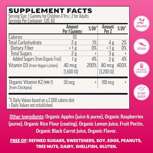 Llama Naturals Vitamin D3 K2 Gummies for Adults and Kids, Vegan, Organic